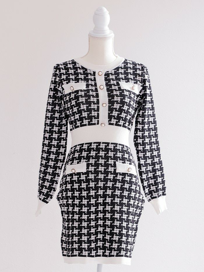 vanityME.onep 千鳥格子柄 パイピング リブニット 長袖 タイト ミニドレス ワンピース [ホワイト×ブラック] vim-c2413