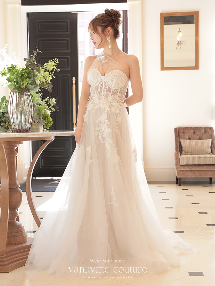 vanityME.couture. バニティミークチュール バースデードレス ワンショルダー フラワー ロングドレス ホワイト  vctr-la-2382-3
