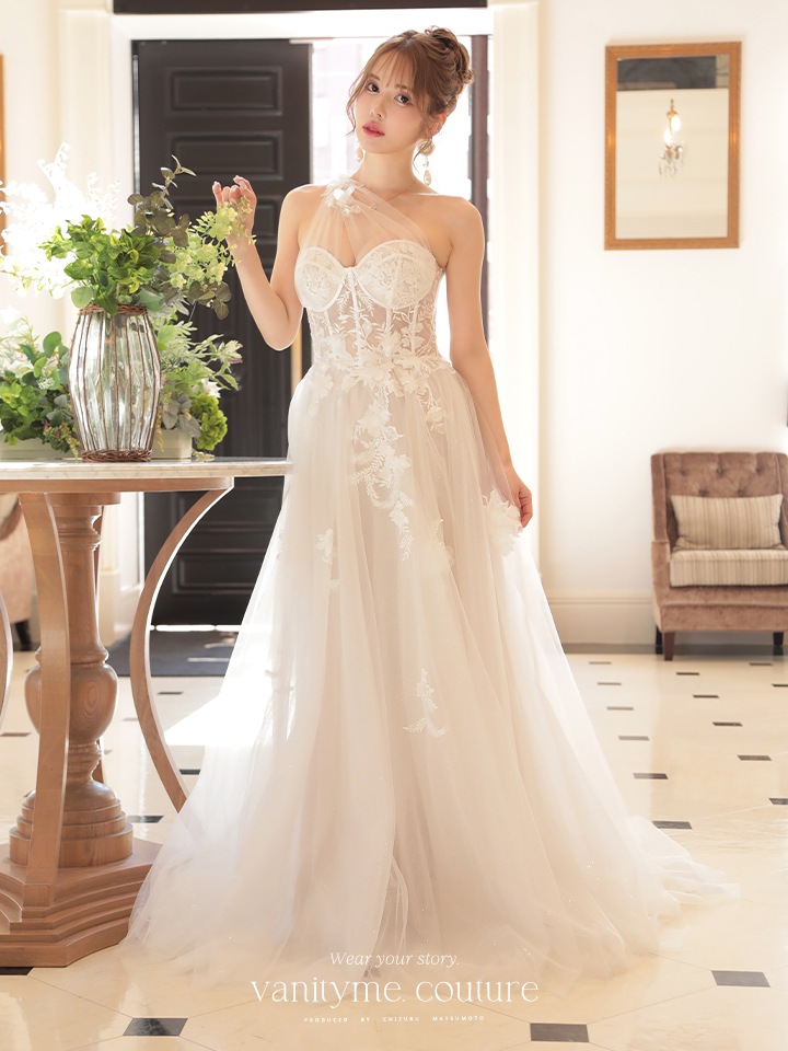 vanityME.couture. バニティミークチュール バースデードレス ワンショルダー フラワー ロングドレス ホワイト  vctr-la-2382-3