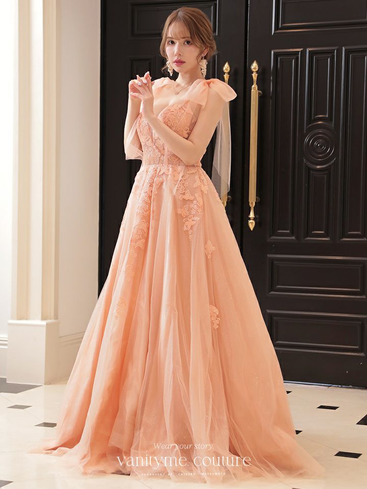 vanityME.couture.バニティミークチュール バースデードレス ダブルリボンショルダー バタフライモチーフ 刺繍ラメ ロングドレス ピンク vctr-la-2398-1