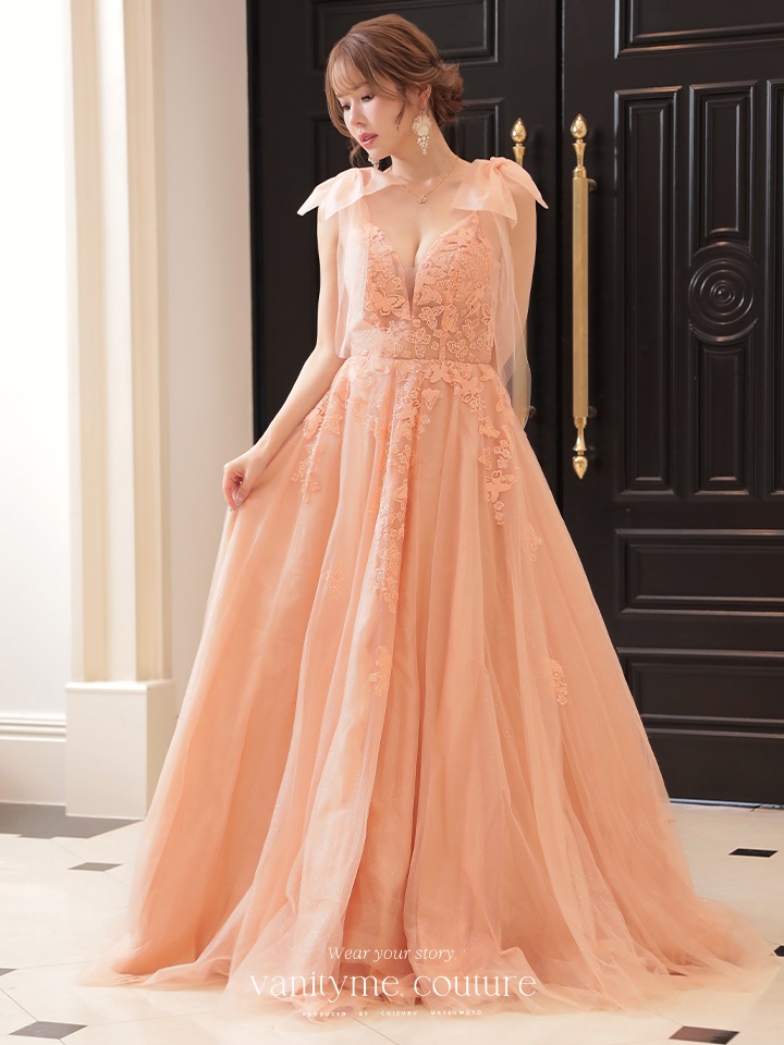 vanityME.couture.バニティミークチュール バースデードレス ダブルリボンショルダー バタフライモチーフ 刺繍ラメ ロングドレス ピンク vctr-la-2398-1