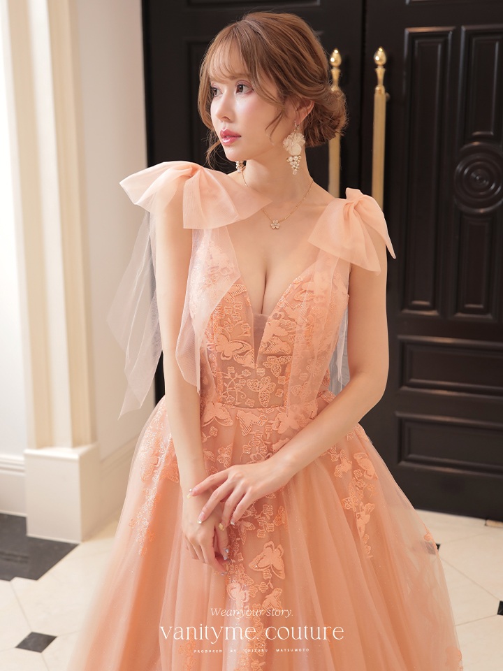 vanityME.couture.バニティミークチュール バースデードレス ダブルリボンショルダー バタフライモチーフ 刺繍ラメ ロングドレス ピンク vctr-la-2398-1