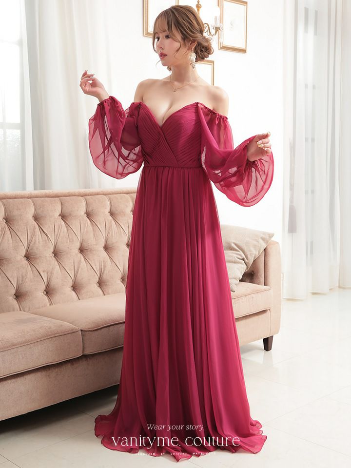  vanityME.couture. バニティミークチュール オフショルダー シフォンドレス 長袖 Vネック ハイウエスト ロングドレス バーガンディ vctr-la-23103