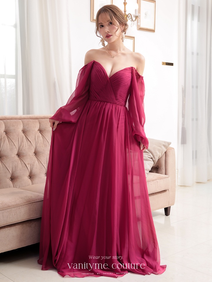  vanityME.couture. バニティミークチュール オフショルダー シフォンドレス 長袖 Vネック ハイウエスト ロングドレス バーガンディ vctr-la-23103