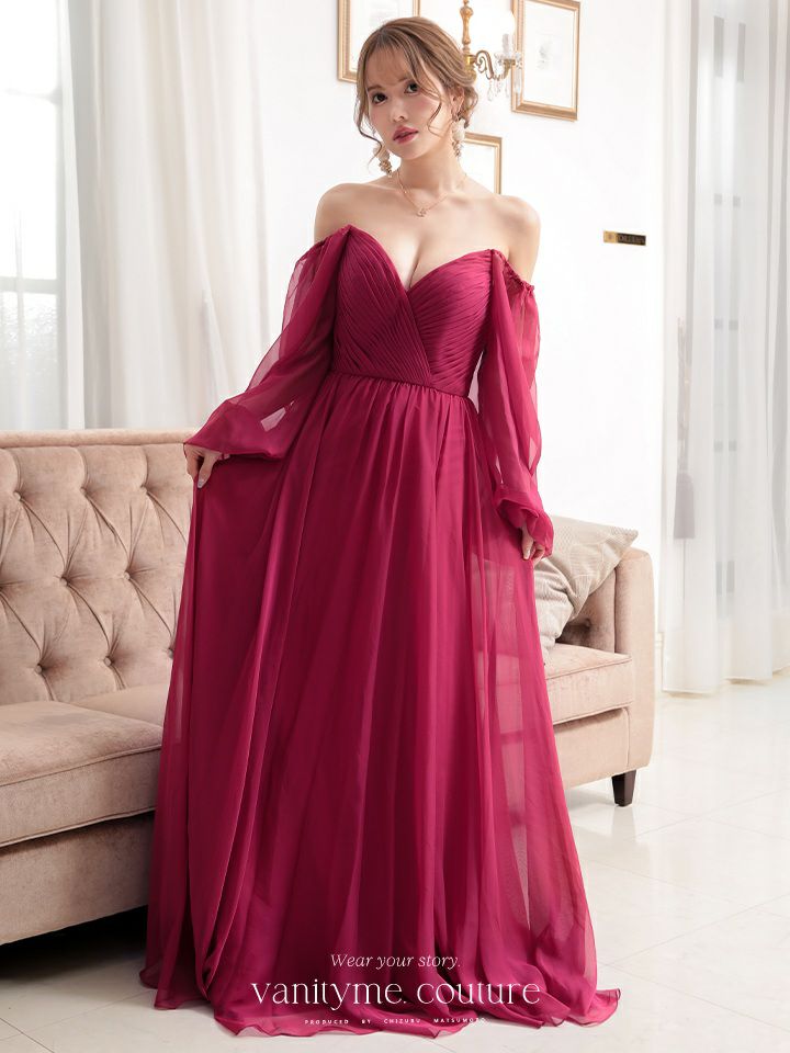  vanityME.couture. バニティミークチュール オフショルダー シフォンドレス 長袖 Vネック ハイウエスト ロングドレス バーガンディ vctr-la-23103