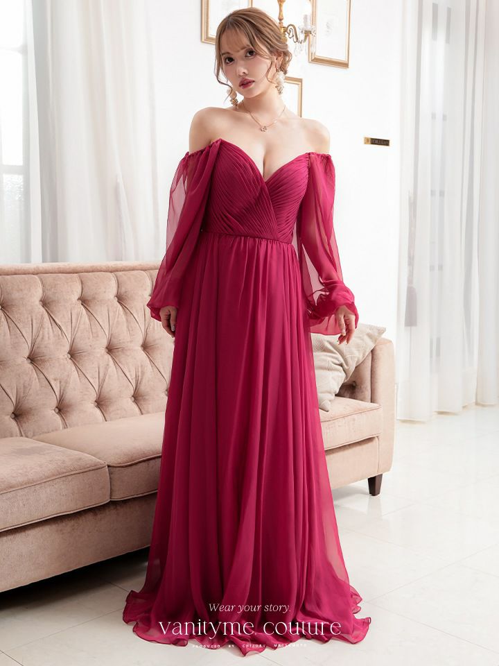  vanityME.couture. バニティミークチュール オフショルダー シフォンドレス 長袖 Vネック ハイウエスト ロングドレス バーガンディ vctr-la-23103