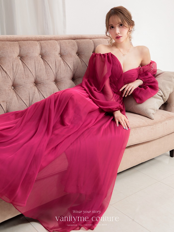  vanityME.couture. バニティミークチュール オフショルダー シフォンドレス 長袖 Vネック ハイウエスト ロングドレス バーガンディ vctr-la-23103