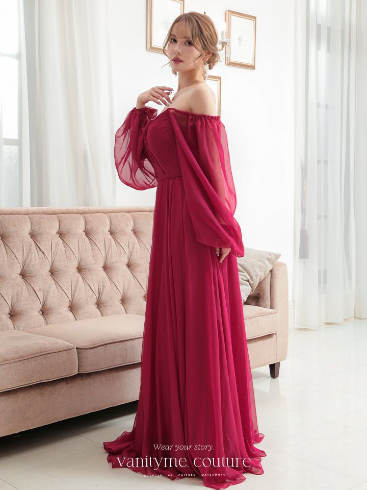  vanityME.couture. バニティミークチュール オフショルダー シフォンドレス 長袖 Vネック ハイウエスト ロングドレス バーガンディ vctr-la-23103