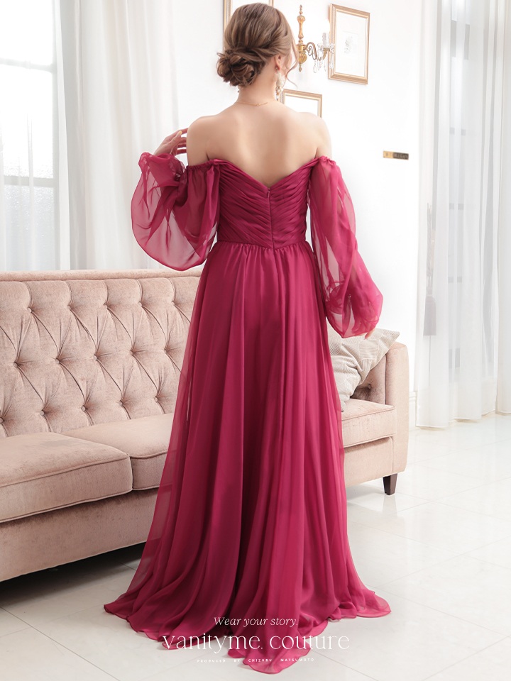  vanityME.couture. バニティミークチュール オフショルダー シフォンドレス 長袖 Vネック ハイウエスト ロングドレス バーガンディ vctr-la-23103