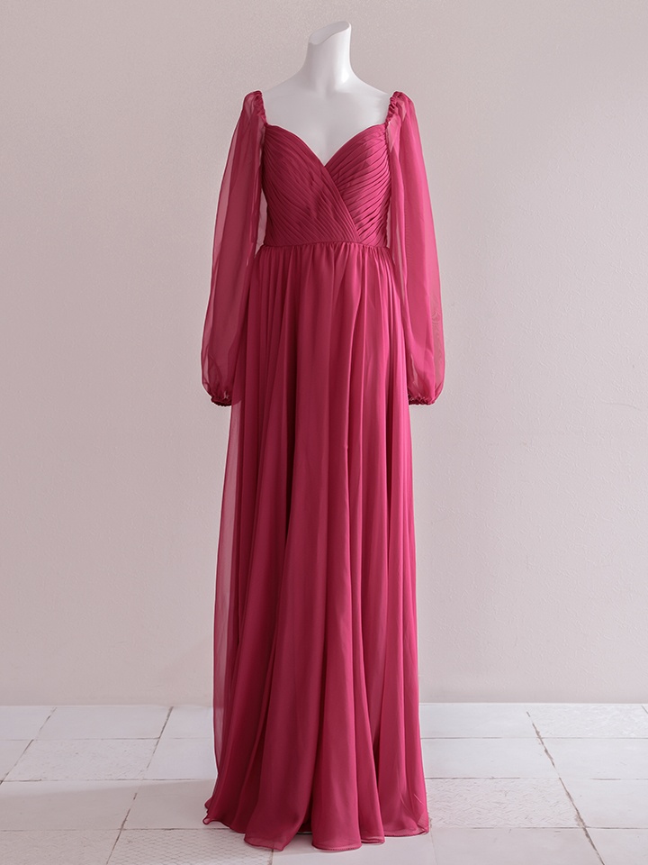  vanityME.couture. バニティミークチュール オフショルダー シフォンドレス 長袖 Vネック ハイウエスト ロングドレス バーガンディ vctr-la-23103