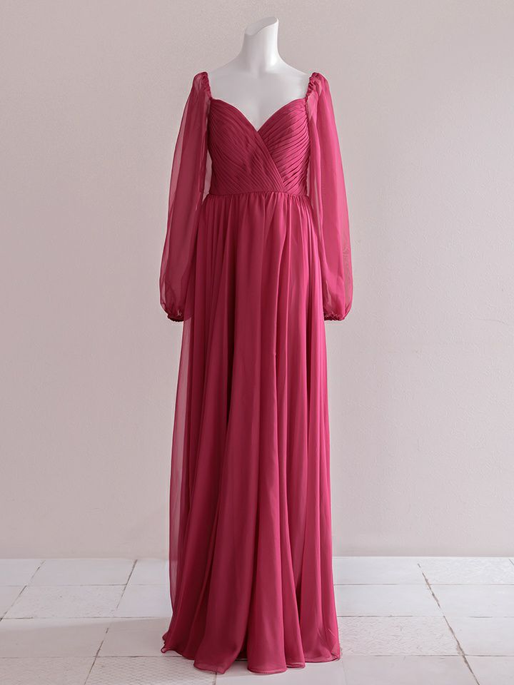  vanityME.couture. バニティミークチュール オフショルダー シフォンドレス 長袖 Vネック ハイウエスト ロングドレス バーガンディ vctr-la-23103