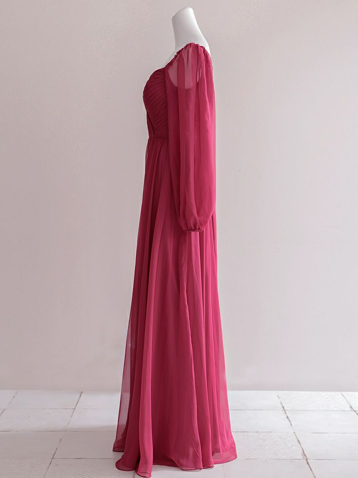  vanityME.couture. バニティミークチュール オフショルダー シフォンドレス 長袖 Vネック ハイウエスト ロングドレス バーガンディ vctr-la-23103