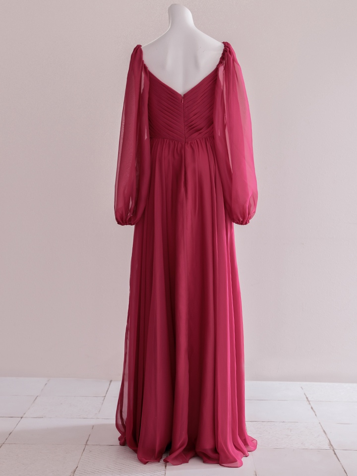  vanityME.couture. バニティミークチュール オフショルダー シフォンドレス 長袖 Vネック ハイウエスト ロングドレス バーガンディ vctr-la-23103