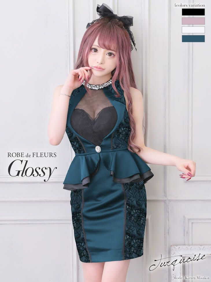 【ROBE de FLEURS SALE】Glossy ローブドフルールグロッシー ターコイズ Satin collar lacy dress  gl2345-2-s24