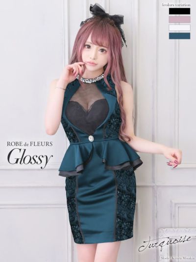 【ROBE de FLEURS SALE】Glossy ローブドフルールグロッシー ターコイズ Satin collar lacy dress  gl2345-4-s24