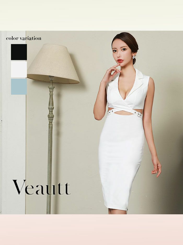 Veautt ヴュート オープンカラーバストクロスバックルミディアムタイトドレス ホワイト vt032402-2