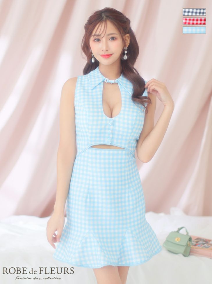 ROBE de FLEURS ローブドフルール ブラック×ホワイト ウエストオープンギンガムチェックミニキャバドレス fm3706-1