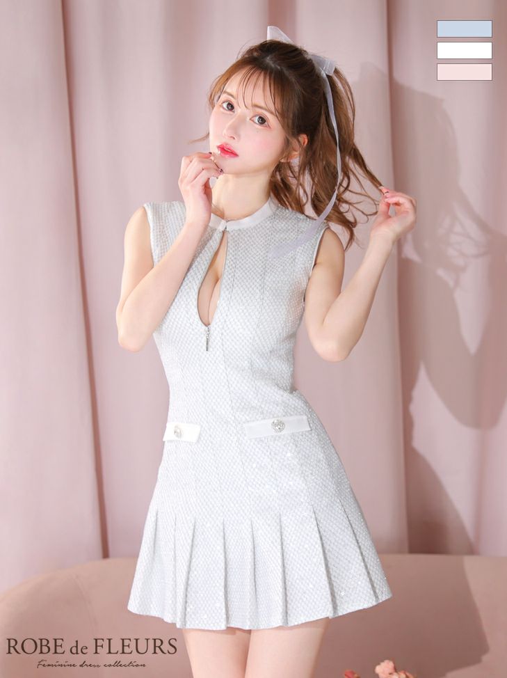 ROBE de FLEURS ローブドフルール ブルー ノースリーブバストジッパースパンコールミニキャバドレス fm3712-1