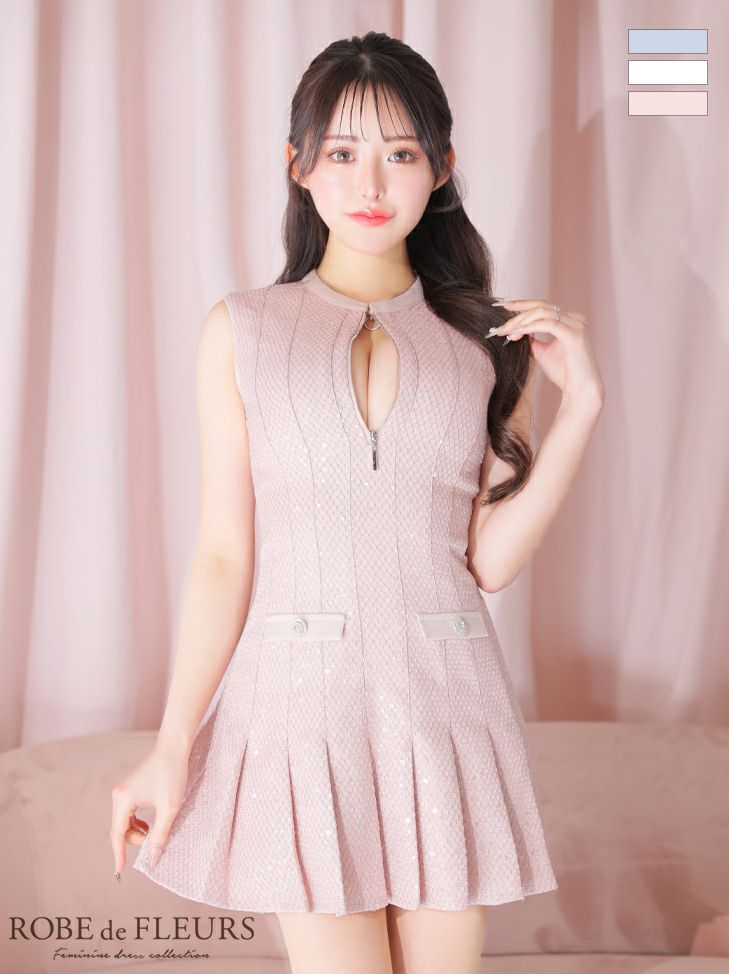 ROBE de FLEURS ローブドフルール ピンク ノースリーブバストジッパースパンコールミニキャバドレス fm3712-2