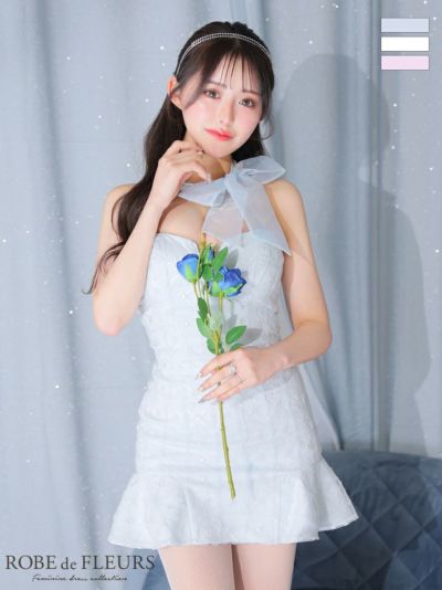 ROBE de FLEURS ローブドフルール ブルー オーガンジーリボンチョーカーアイドルセットアップミニキャバドレス fm3249-1