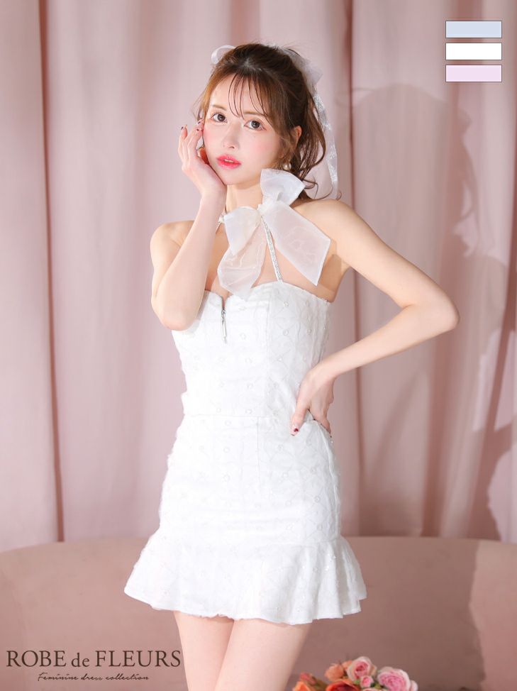 ROBE de FLEURS ローブドフルール ブルー オーガンジーリボンチョーカーアイドルセットアップミニキャバドレス fm3249-1