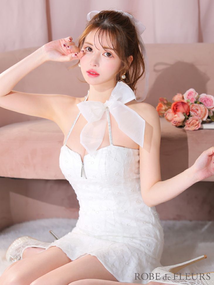 ROBE de FLEURS ローブドフルール ブルー オーガンジーリボンチョーカーアイドルセットアップミニキャバドレス fm3249-1