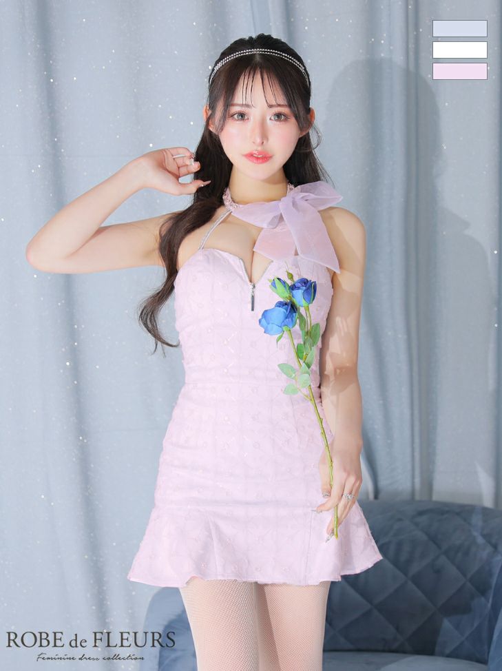 ROBE de FLEURS ローブドフルール ホワイト オーガンジーリボンチョーカーアイドルセットアップミニキャバドレス fm3249-2