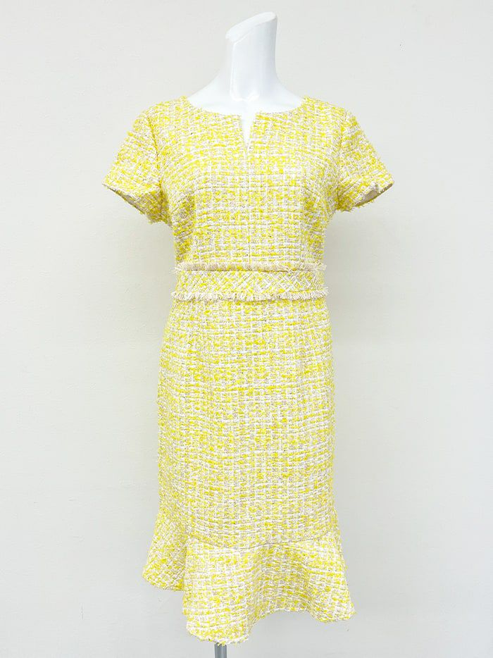 vanityME.onep 半袖 ミックスツイード ウエスト切替 マーメイドライン ミディアムドレス ワンピース [イエロー] vim-c2306-2