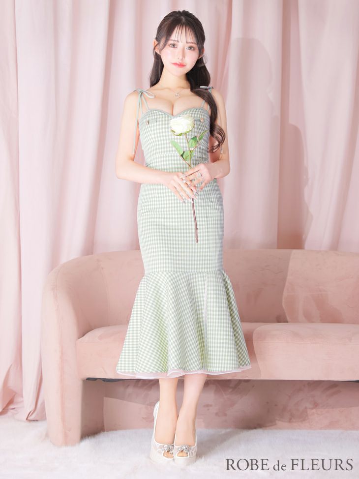 ROBE de FLEURS ローブドフルール ミント ショルダーリボンギンガムチェックマーメイドキャバドレス fm3248-2