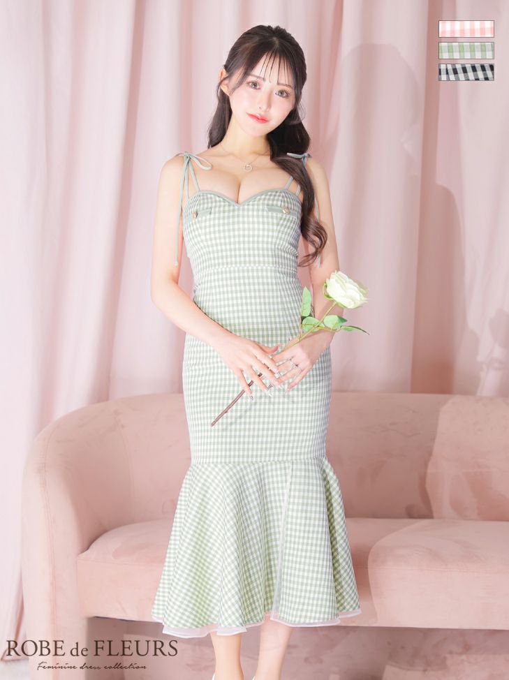 ROBE de FLEURS ローブドフルール ブラック ショルダーリボンギンガムチェックマーメイドキャバドレス fm3248-3