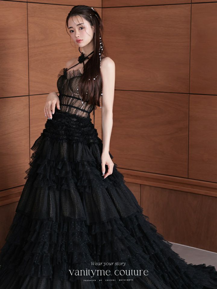 vanityME.couture. バニティミークチュール ドットチュール クロスホルターネック コサージュ付き プリンセス 姫 ロングドレス バースデードレス ブラック vctr-l-2427