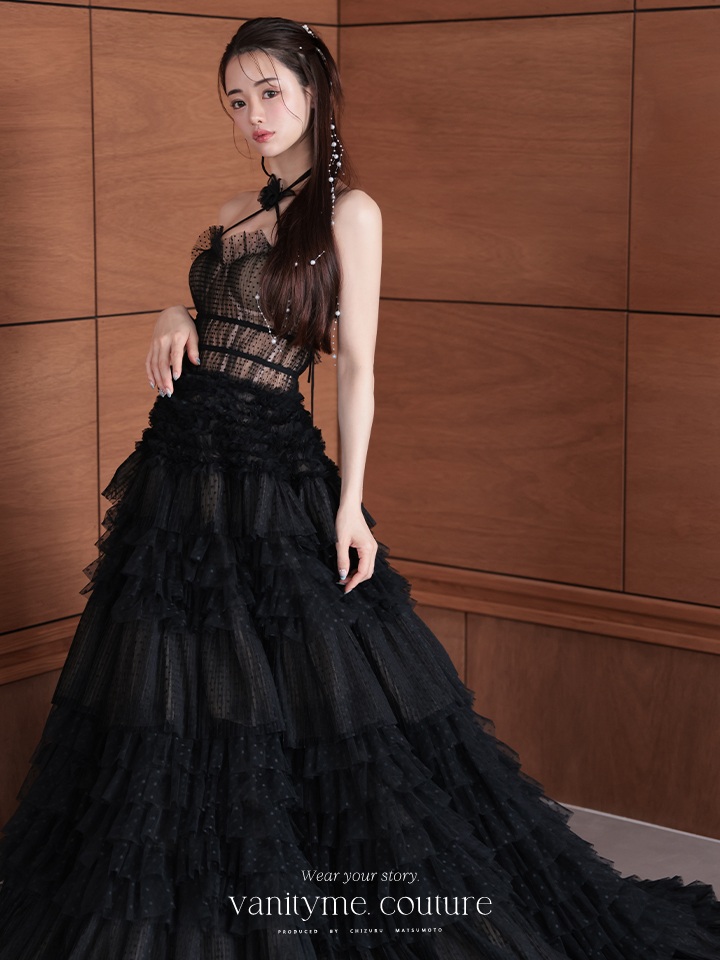vanityME.couture. バニティミークチュール ドットチュール クロスホルターネック コサージュ付き プリンセス 姫 ロングドレス バースデードレス ブラック vctr-l-2427