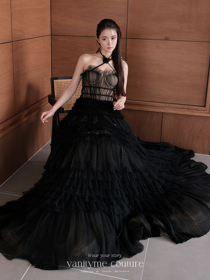 vanityME.couture. バニティミークチュール ドットチュール クロスホルターネック コサージュ付き プリンセス 姫 ロングドレス バースデードレス ブラック vctr-l-2427