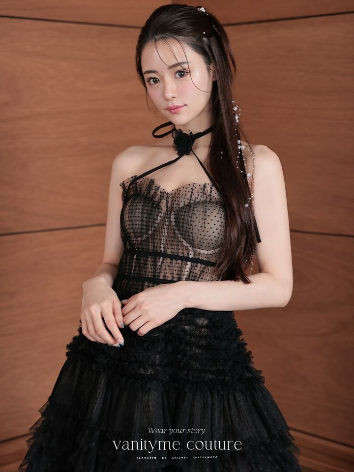 vanityME.couture. バニティミークチュール ドットチュール クロスホルターネック コサージュ付き プリンセス 姫 ロングドレス バースデードレス ブラック vctr-l-2427