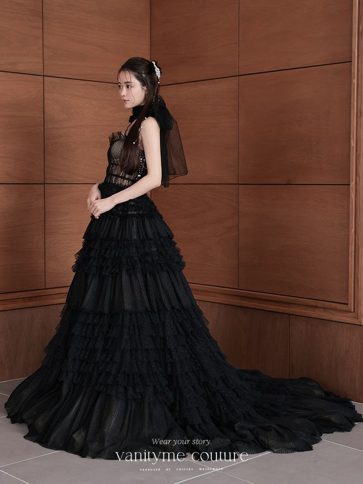 vanityME.couture. バニティミークチュール ドットチュール クロスホルターネック コサージュ付き プリンセス 姫 ロングドレス バースデードレス ブラック vctr-l-2427