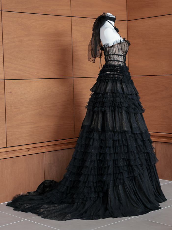 vanityME.couture. バニティミークチュール ドットチュール クロスホルターネック コサージュ付き プリンセス 姫 ロングドレス バースデードレス ブラック vctr-l-2427