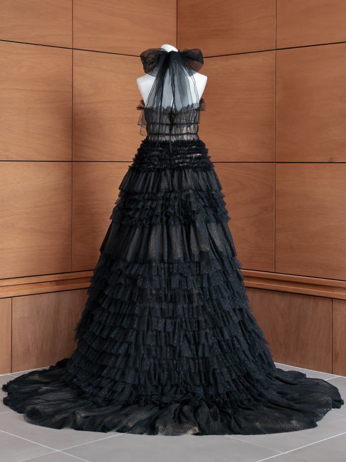 vanityME.couture. バニティミークチュール ドットチュール クロスホルターネック コサージュ付き プリンセス 姫 ロングドレス バースデードレス ブラック vctr-l-2427