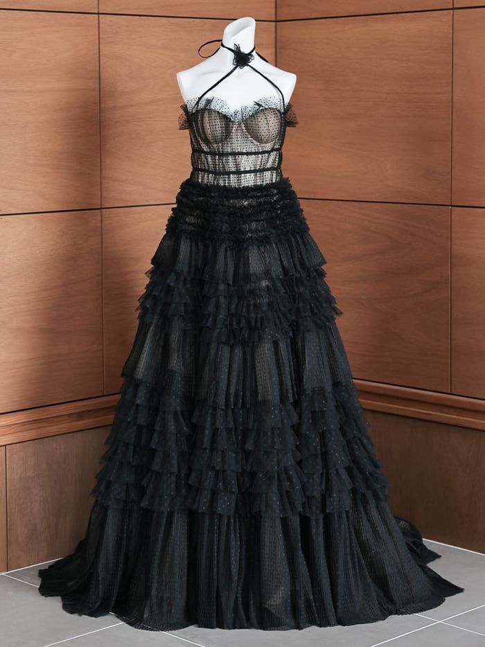 vanityME.couture. バニティミークチュール ドットチュール クロスホルターネック コサージュ付き プリンセス 姫 ロングドレス バースデードレス ブラック vctr-l-2427