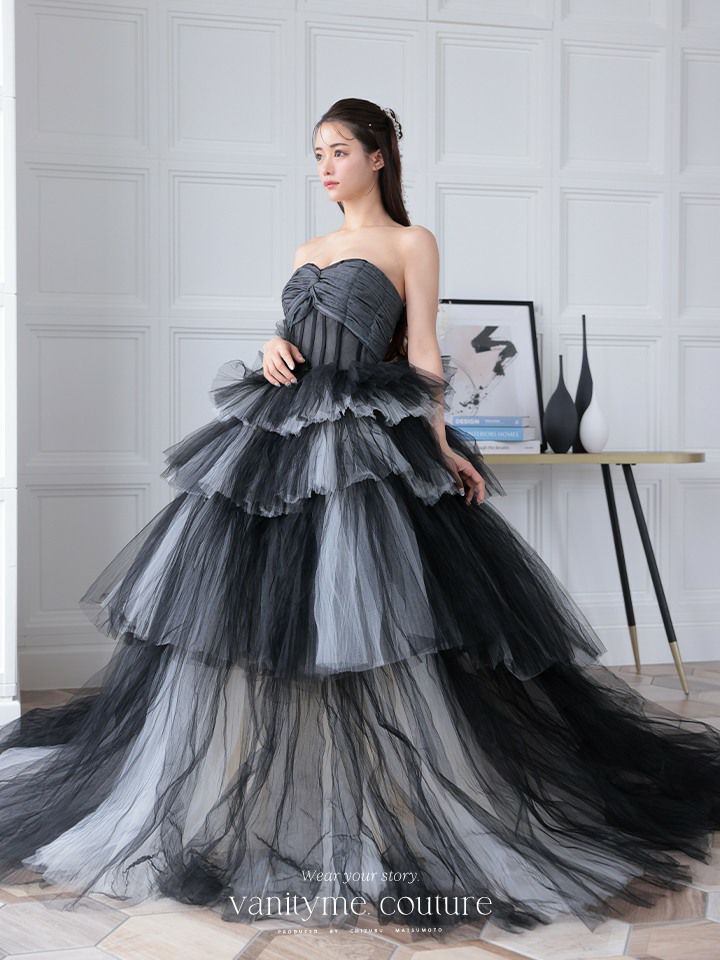 vanityME.couture. バニティミークチュール 4段チュールスカート モノトーン バイカラー プリンセス 姫 ロングドレス バースデードレス ブラック×ホワイト vctr-t-2420-1