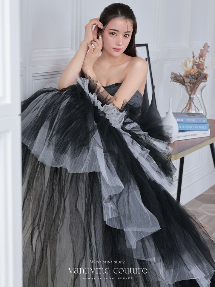 vanityME.couture. バニティミークチュール 4段チュールスカート モノトーン バイカラー プリンセス 姫 ロングドレス バースデードレス ブラック×ホワイト vctr-t-2420-1
