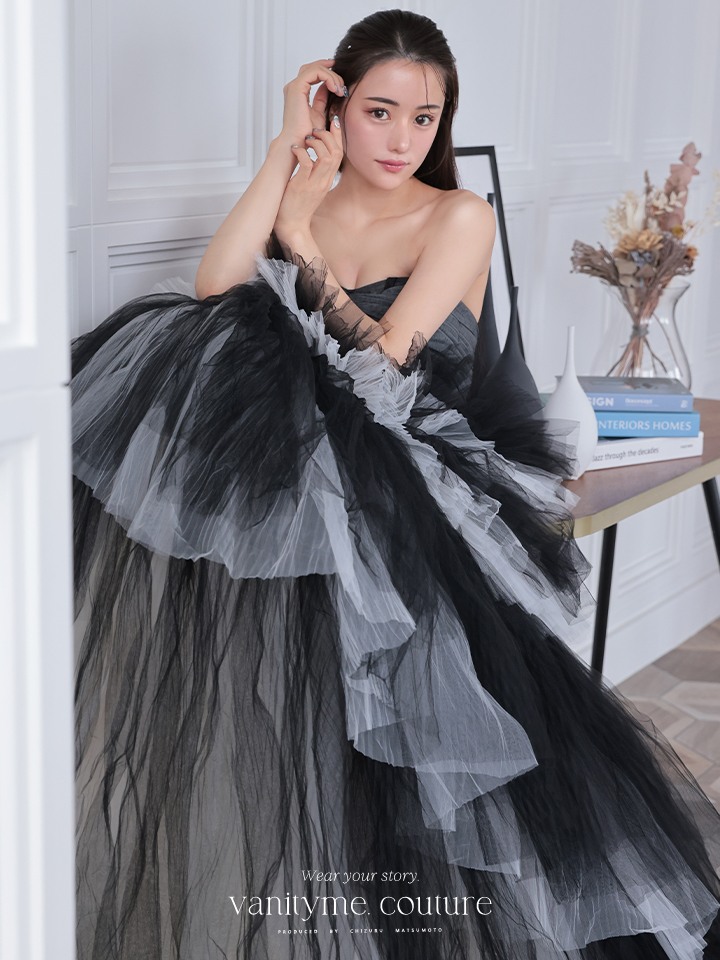 vanityME.couture. バニティミークチュール 4段チュールスカート モノトーン バイカラー プリンセス 姫 ロングドレス バースデードレス ブラック×ホワイト vctr-t-2420-1