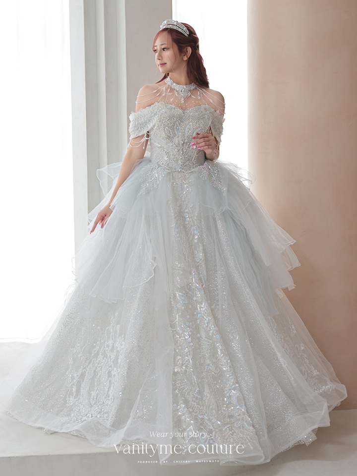 vanityME.couture. バニティミークチュール オフショル ホルターネック シアービジュー シャンデリアビーズ プリンセス 姫 ウエディングドレス ロングドレス ホワイト vctr-t-2422