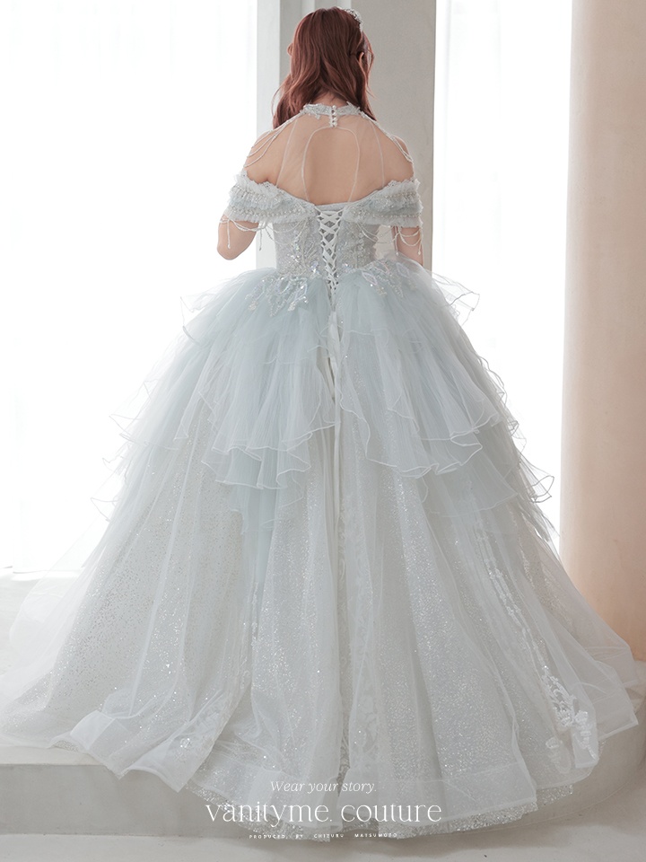 vanityME.couture. バニティミークチュール オフショル ホルターネック シアービジュー シャンデリアビーズ プリンセス 姫 ウエディングドレス ロングドレス ホワイト vctr-t-2422