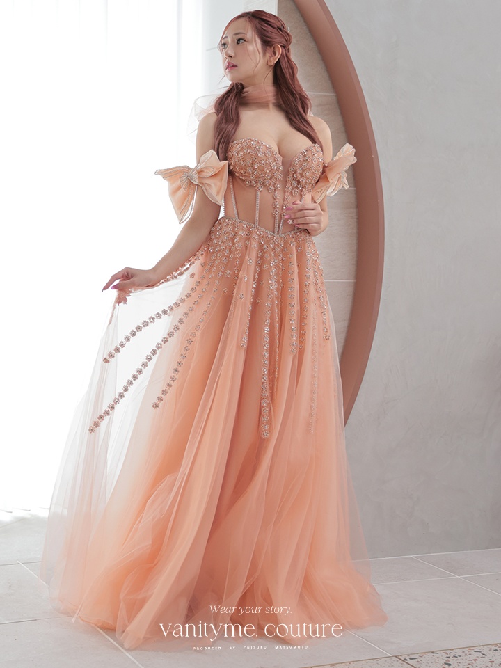【3点セット】vanityME.couture. バニティミークチュール オフショル ビッグリボン フラワービジュー リボンショール付き プリンセス 姫 ロングドレス バースデードレス ピンク vctr-l-2425-2