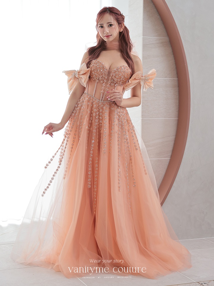 【3点セット】vanityME.couture. バニティミークチュール オフショル ビッグリボン フラワービジュー リボンショール付き プリンセス 姫 ロングドレス バースデードレス ピンク vctr-l-2425-2