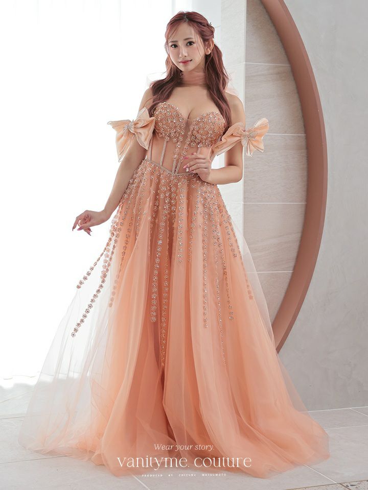 【3点セット】vanityME.couture. バニティミークチュール オフショル ビッグリボン フラワービジュー リボンショール付き プリンセス 姫 ロングドレス バースデードレス ピンク vctr-l-2425-2