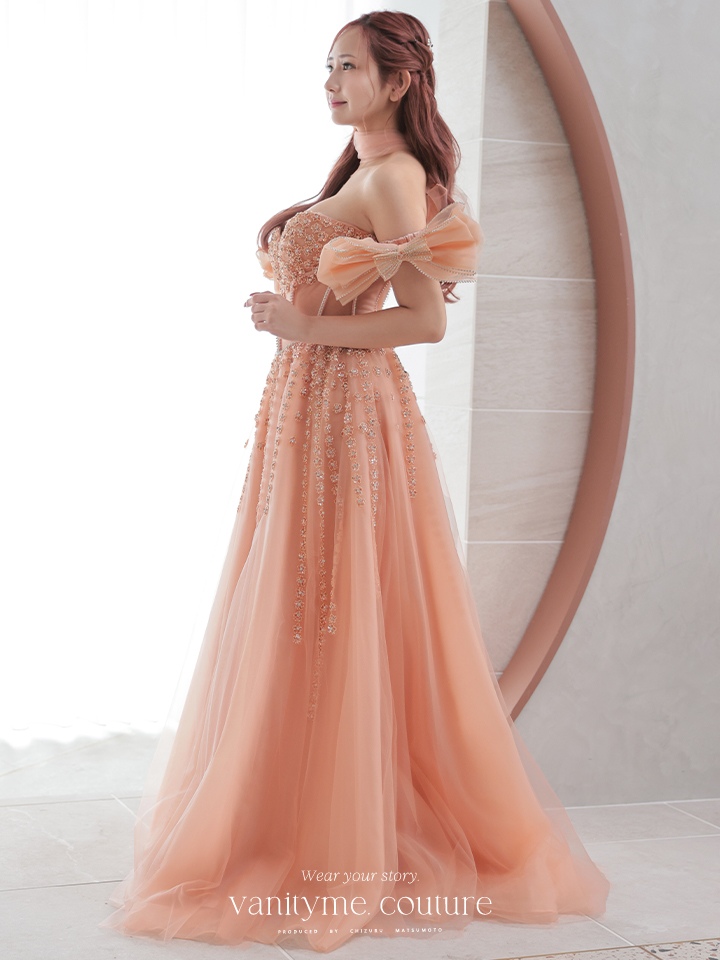 【3点セット】vanityME.couture. バニティミークチュール オフショル ビッグリボン フラワービジュー リボンショール付き プリンセス 姫 ロングドレス バースデードレス ピンク vctr-l-2425-2