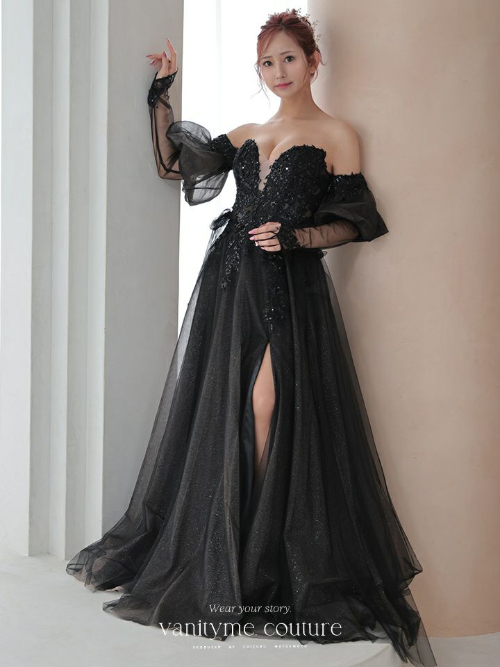 vanityME.couture. バニティミークチュール ロングスリーブ オフショル スパンコール刺繍 スリット入り プリンセス 姫 ロングドレス バースデードレス ブラック 【袖取り外し可能】 vctr-l-2432