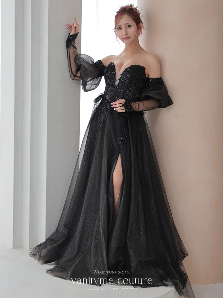 vanityME.couture. バニティミークチュール ロングスリーブ オフショル スパンコール刺繍 スリット入り プリンセス 姫 ロングドレス バースデードレス ブラック 【袖取り外し可能】 vctr-l-2432
