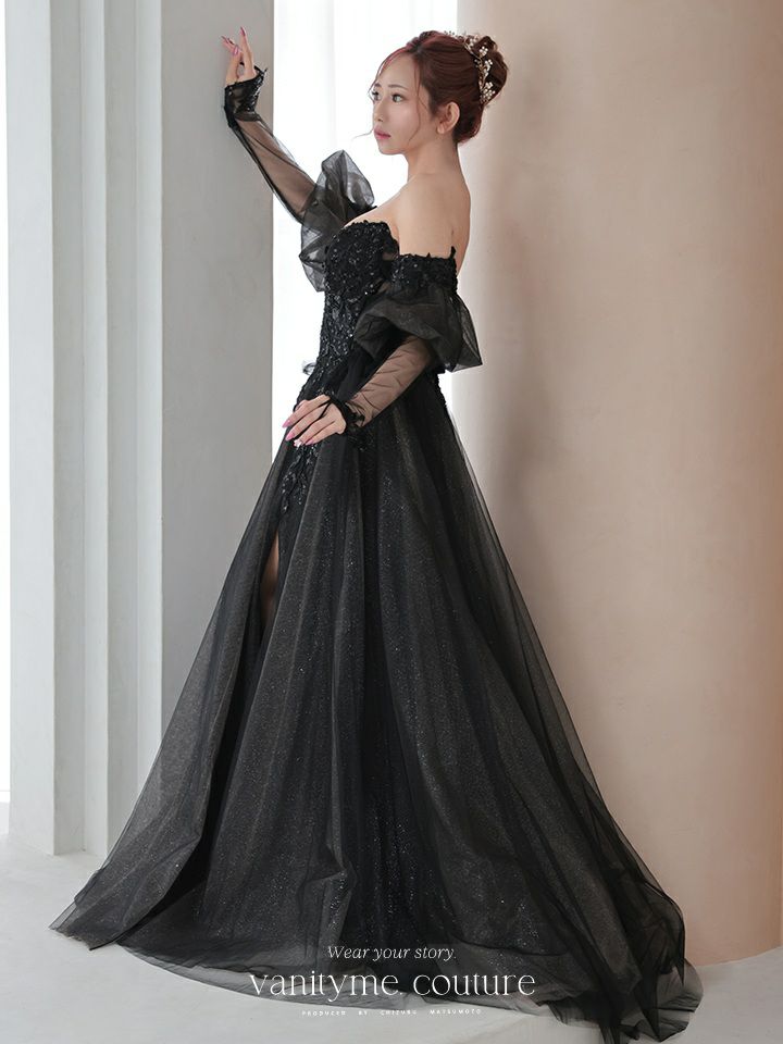 vanityME.couture. バニティミークチュール ロングスリーブ オフショル スパンコール刺繍 スリット入り プリンセス 姫 ロングドレス バースデードレス ブラック 【袖取り外し可能】 vctr-l-2432